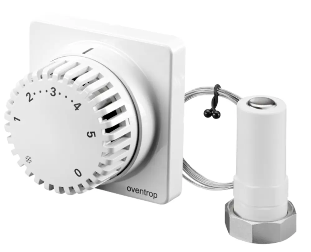 Thermostat von Oventrop mit drehbarem Regler zur Temperaturregelung und einem Fernverstellmechanismus. Weißes Design mit angeschlossenem Sensorkabel.